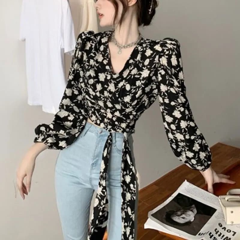 Blusa feminina elegante de manga comprida com decote em v, roupas femininas vintage de flores quebradas, camisa justa, bandagem para primavera e outono, elegan