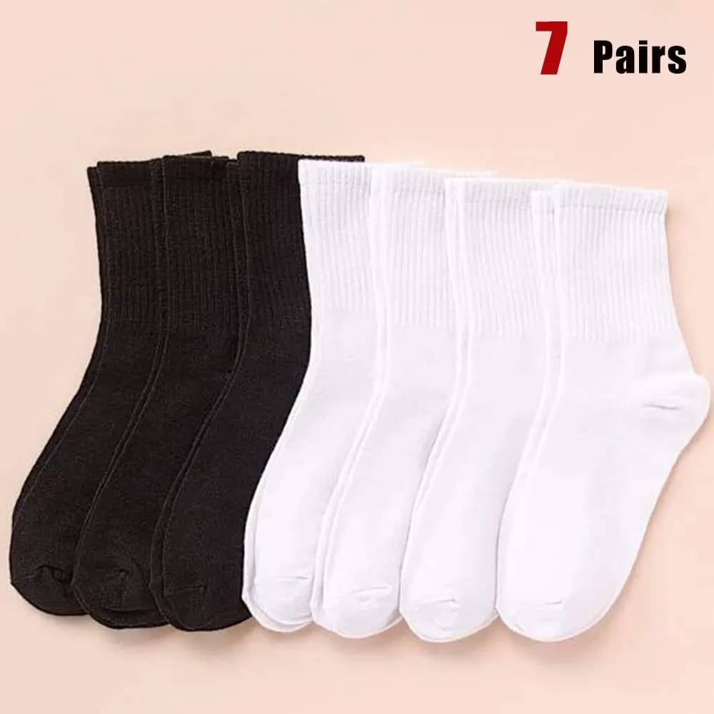 7/10 pares meias de comprimento médio feminino clássico preto branco cor sólida moda casual esportes absorção de suor respirável meias masculinas