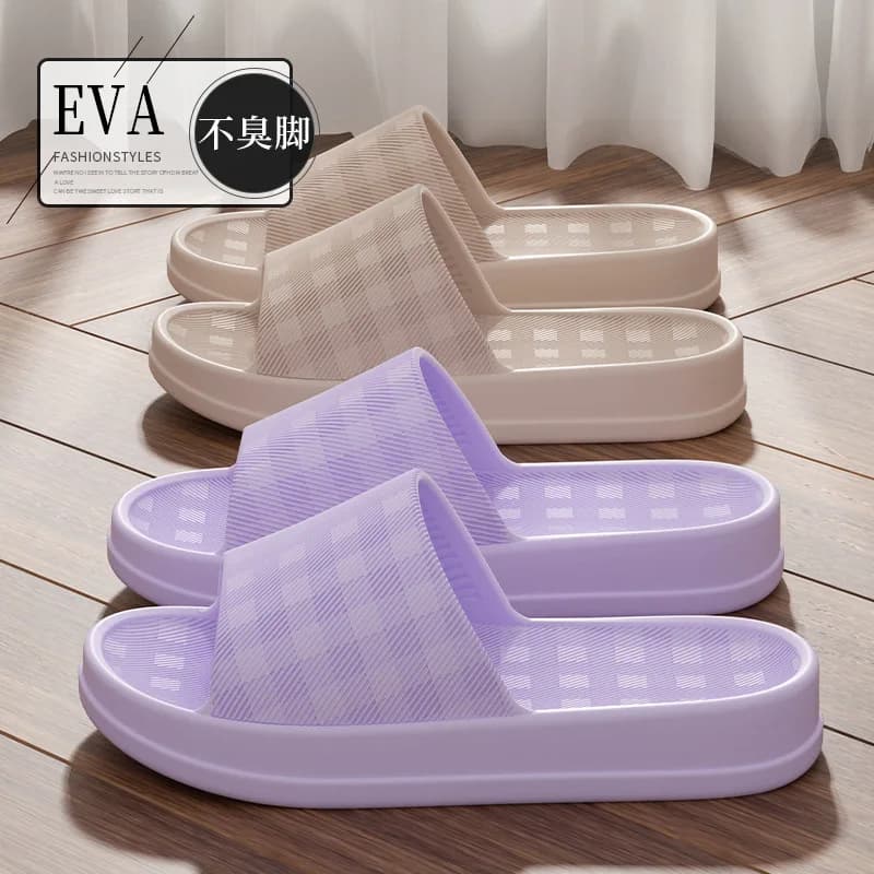 Chinelos femininos de plataforma grossa em EVA, cor bege e lilás, design antiderrapante e confortável