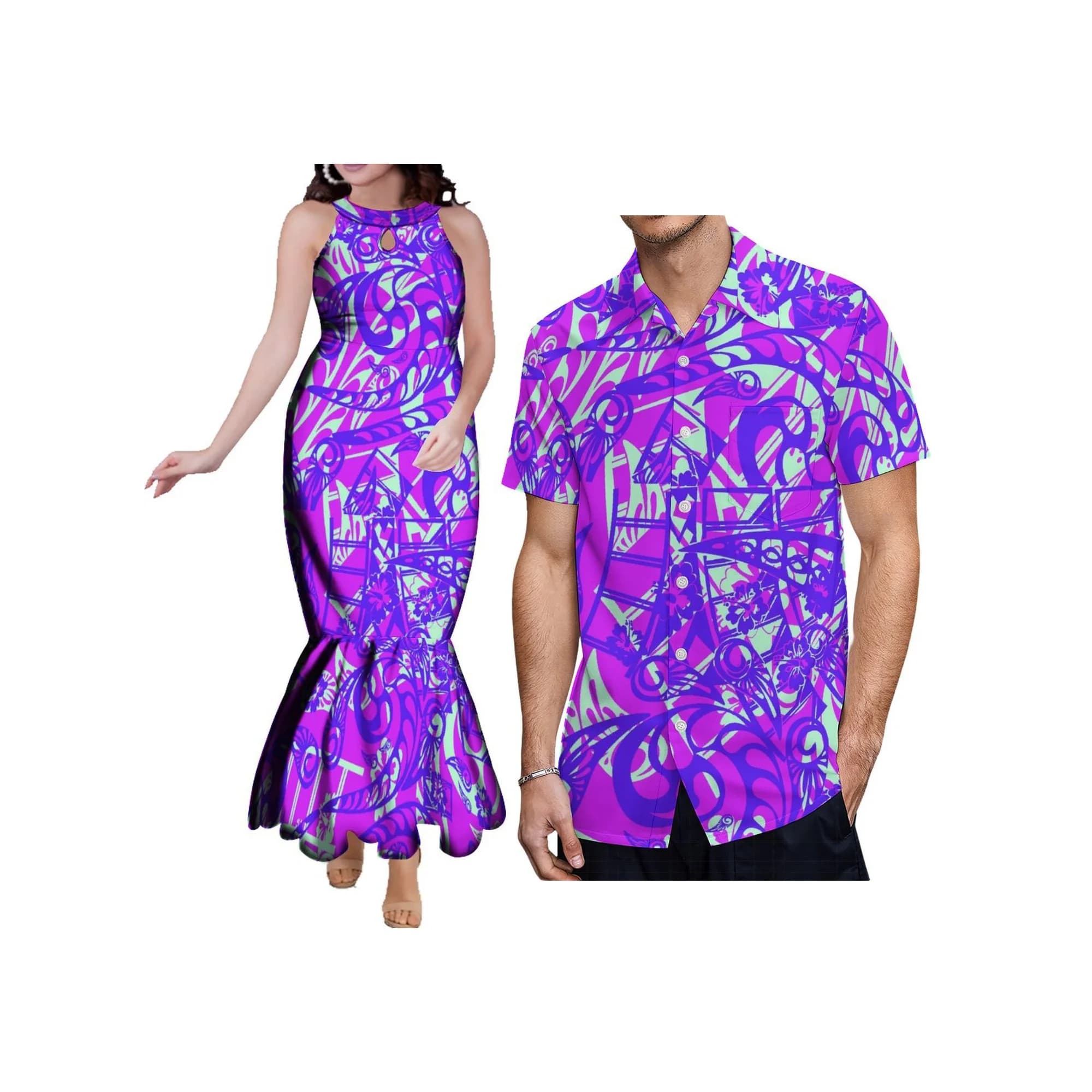 Roupas Personalizadas para Casais Tamanho Grande Camisa Aloha Masculina Solta com Estampa Polinésia e Vestido Maxi Halter Feminino com Estampa de Cauda de Peixe para Baile de Formatura