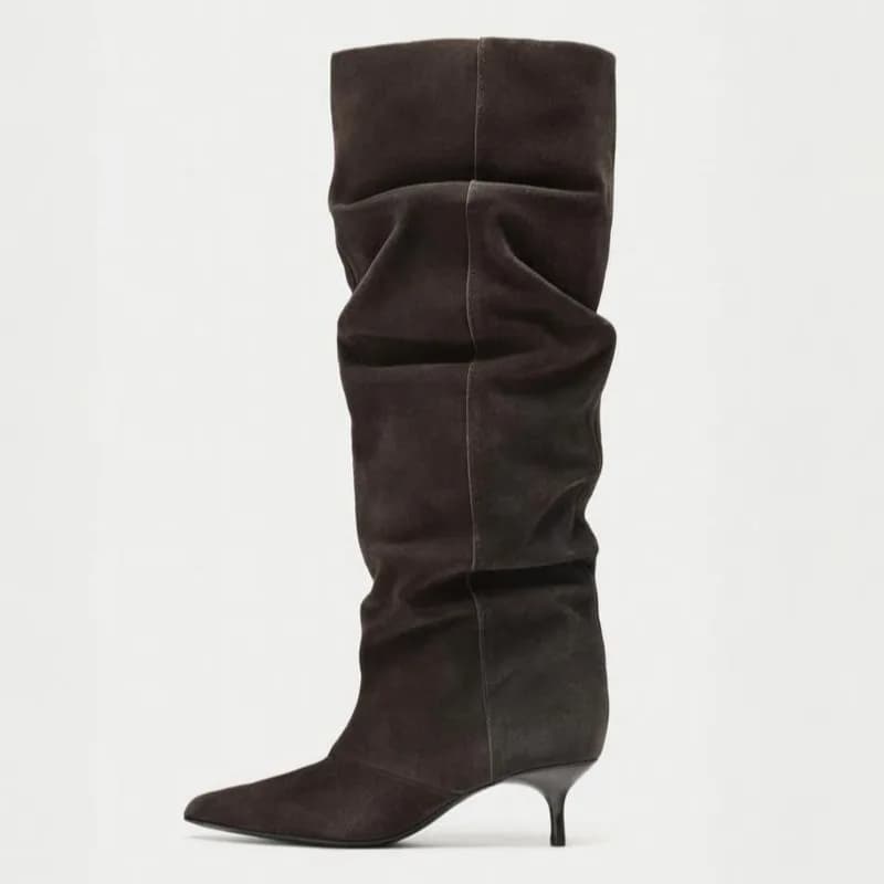 Inverno plissado camurça joelho botas altas mulheres retro marrom apontou toe gatinho saltos botas designer confortável luz botas mujer