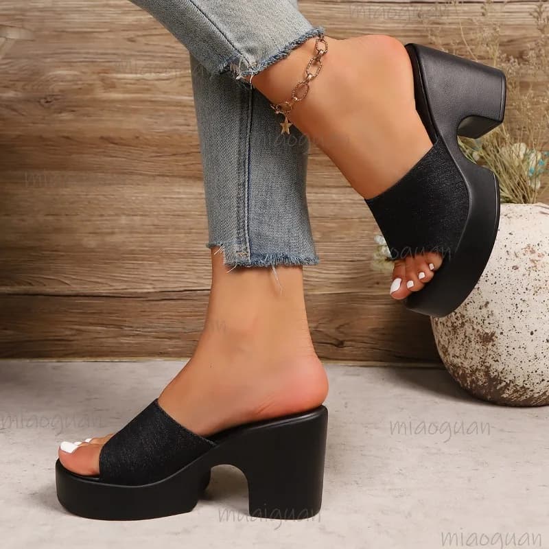 Sandália de salto alto preto para mulheres com plataforma grossa verão casual