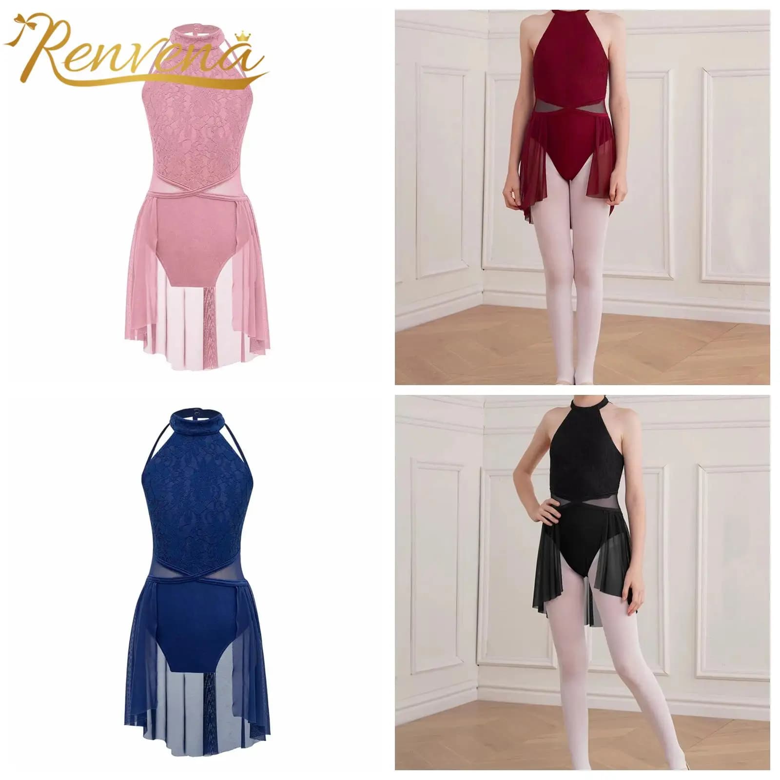 Meninas modernlyrical dança vestido halter rendas palco desempenho traje ginástica collant crianças ballet figura patinação no gelo vestido