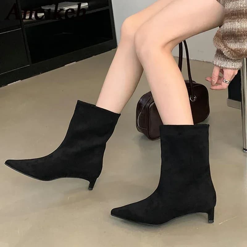 Aneikeh tamanho grande 41 42 moda inverno camurça falsa apontou botas curtas botas de salto baixo deslizamento em sapatos de festa botas zapatos de mujer