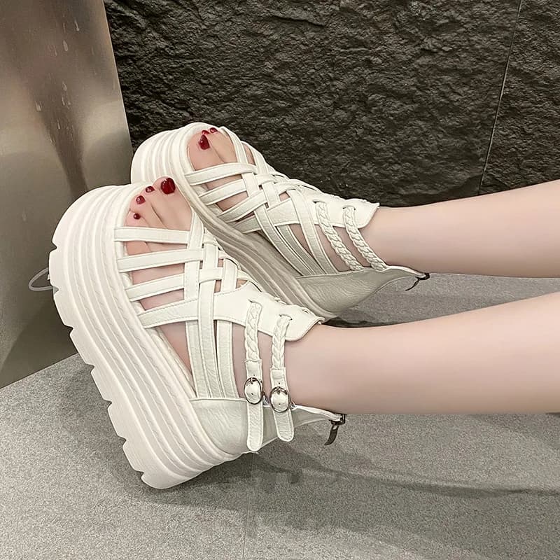 Sandálias de Couro Femininas de Verão com Plataforma Aberta de 8CM, Novos Tênis Casuais para Mulheres, Sandálias de Praia