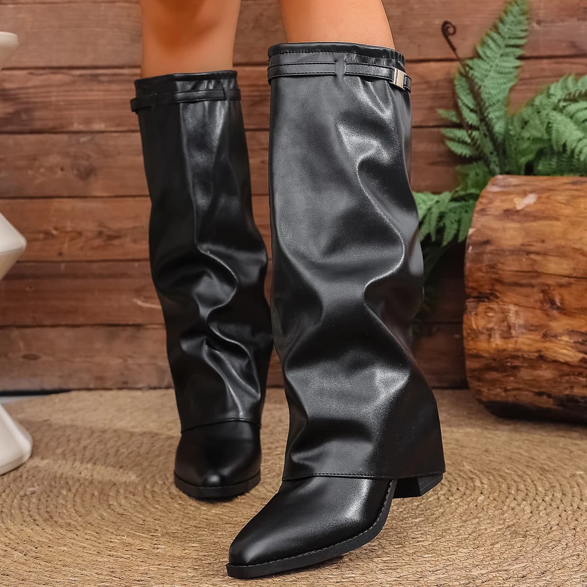 Moda dobrável sobre o joelho botas altas para mulher deslizamento em grosso salto alto botas de tubarão mulher perna larga couro do plutônio longo botas mujer 2025