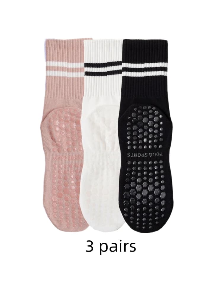 3 pares de meias de yoga, meias de comprimento médio, algodão puro antiderrapante silicone indoor fitness pilates, meias esportivas femininas atacado