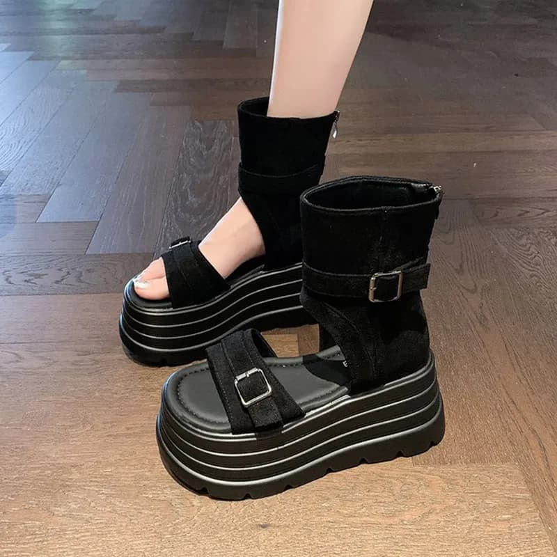 Designers mulheres verão sandálias de couro dedo do pé aberto 8cm plataforma cunha tênis feminino sapatos casuais praia sandálias das mulheres 2025