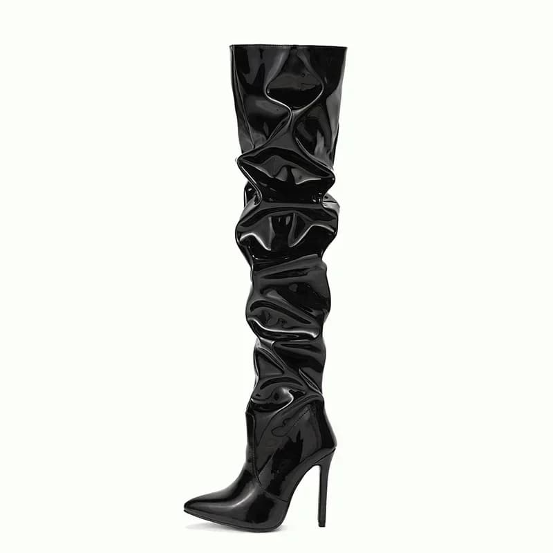Botas acima do joelho moda feminina dedo do pé apontado preto zíper lateral fino salto alto feminino brilhante plissado botas de salto alto 2024