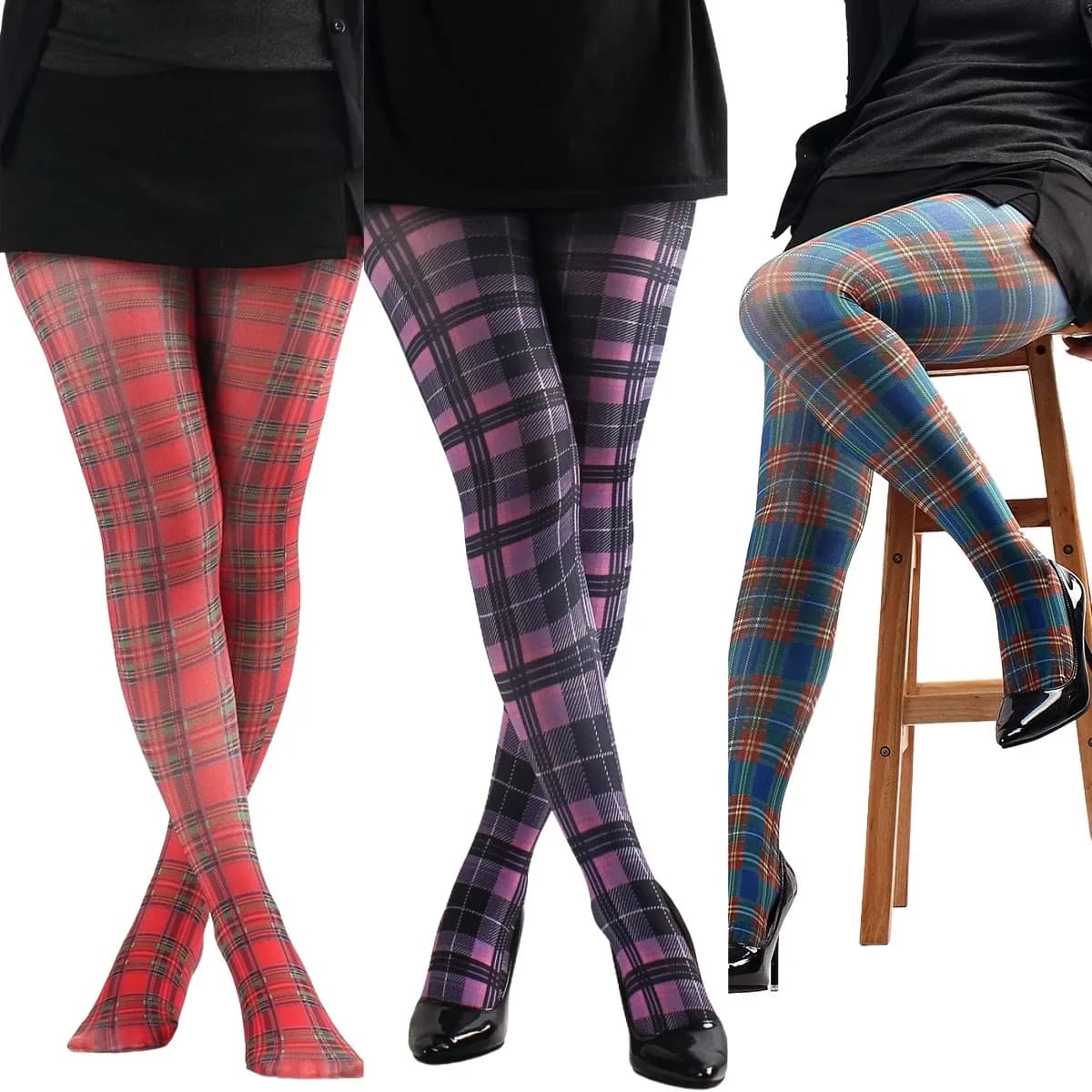 Moda feminina clássico xadrez impresso meia-calça acessórios de natal tartan escocês meias de algodão calças de ano novo