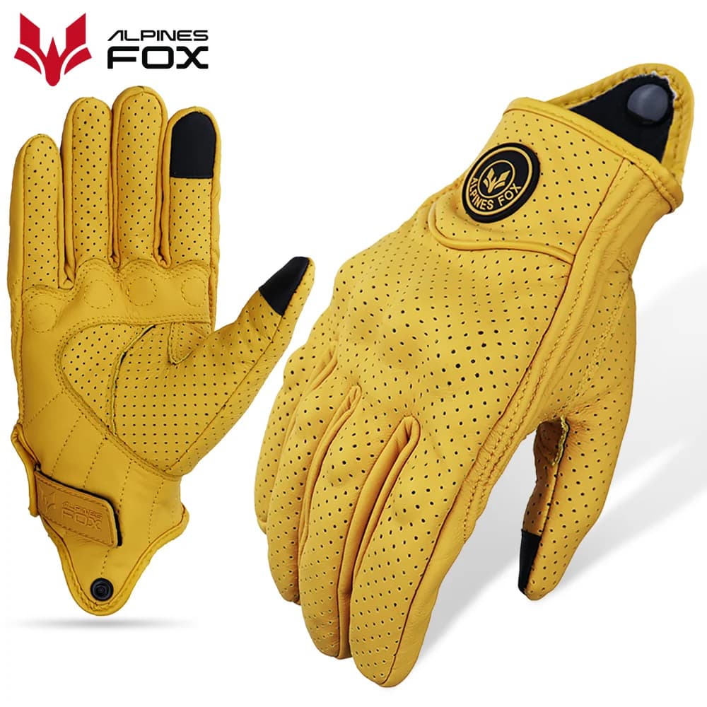 Luvas de motocicleta respirável para homens e mulheres, couro genuíno, perfurado, tela de toque, moto, ciclismo, corrida, cabra