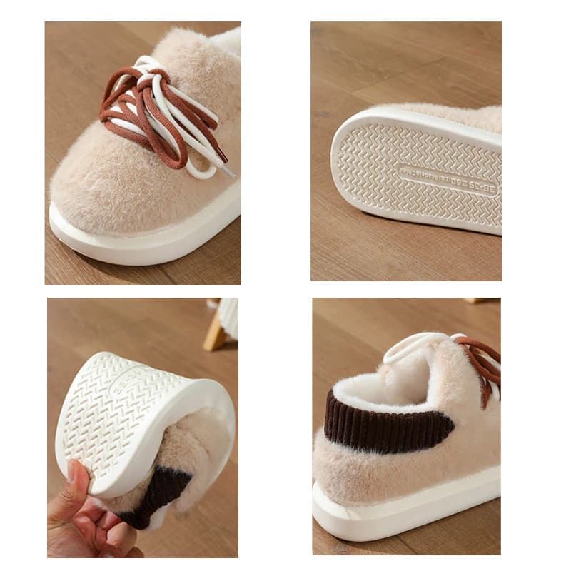 Chinelo de casa bege de algodão macio com solado branco e cadarços marrons e brancos