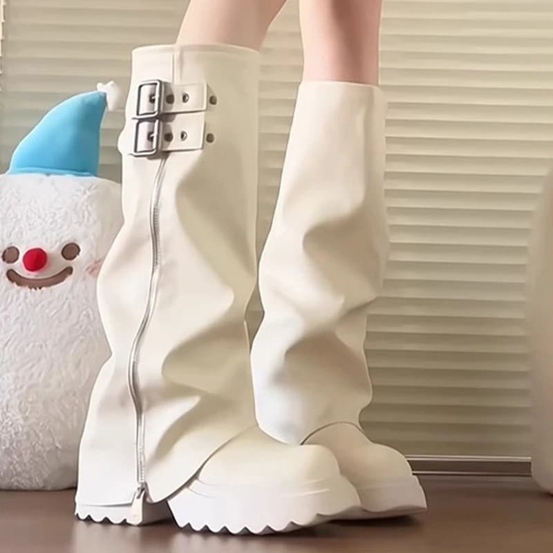 Estilo punk emenda fundo grosso feminino joelho-botas altas moda zíper feminino plissado cavaleiro botas longas sapatos
