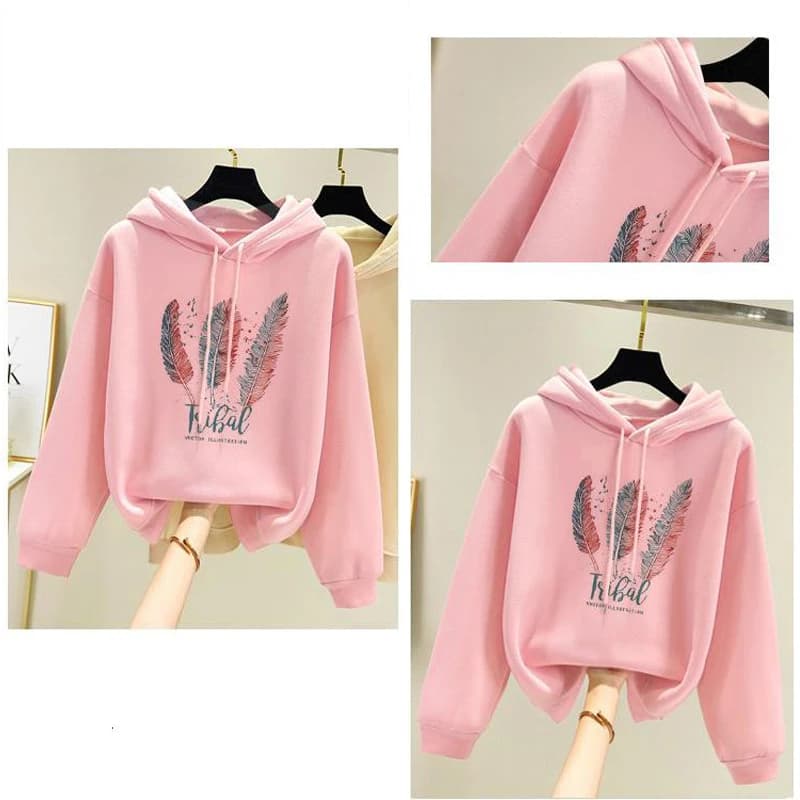 Moletom estampado em penas feminino, moletom solto de veludo, moda casual, outono, inverno