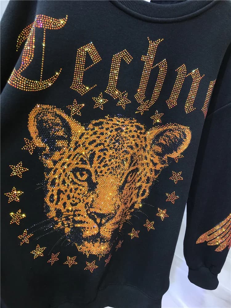 Leopardo strass L-4XL plus size blusa marca de luxo moletom para mulheres primavera outono tamanhos grandes senhoras camisolas