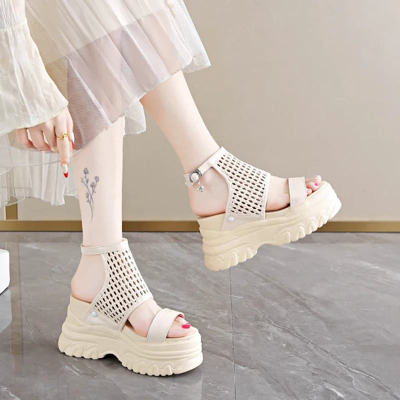 9.5cm mulheres sandálias de verão dedo do pé aberto tecido plataforma cunha tênis chinelos 2025 sapatos casuais praia sandálias das mulheres