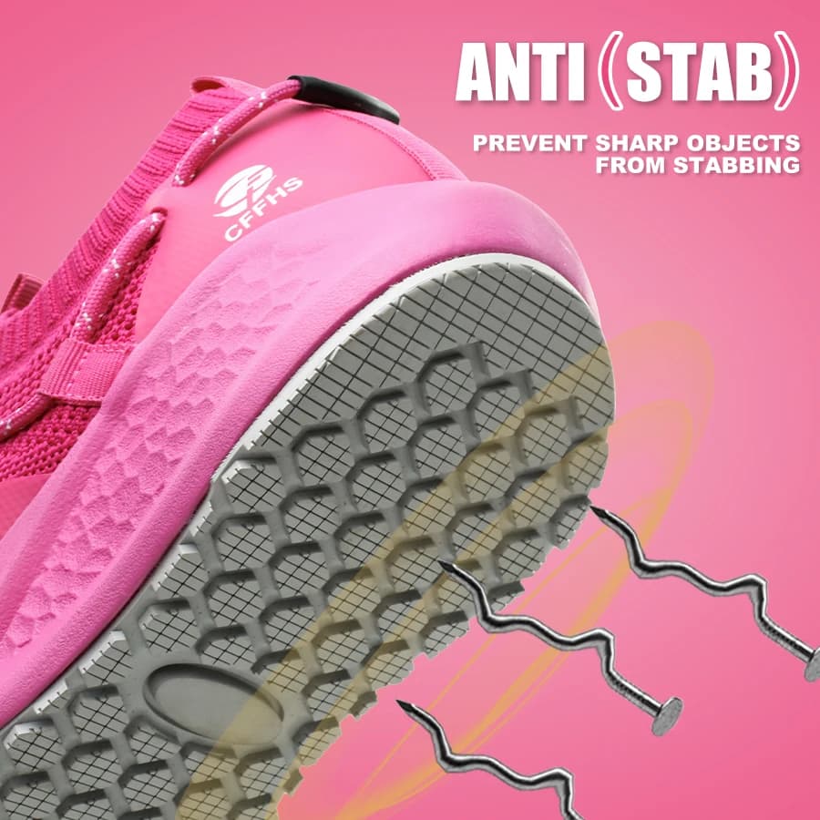 Sola antiderrapante do tênis de segurança feminino rosa com proteção anti-perfuração