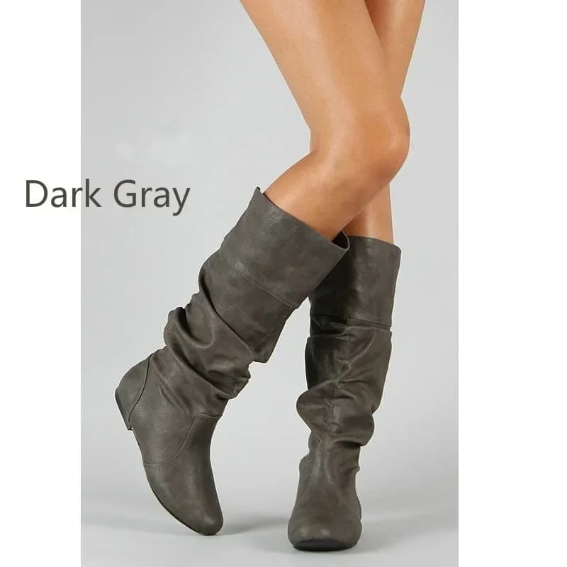 Botas de couro femininas moda plissado cunha botas longas dedo do pé redondo outono inverno sólido deslizamento em sapatos senhoras bota alta botas de mujer