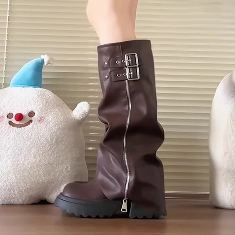 Estilo punk emenda fundo grosso feminino joelho-botas altas moda zíper feminino plissado cavaleiro botas longas sapatos