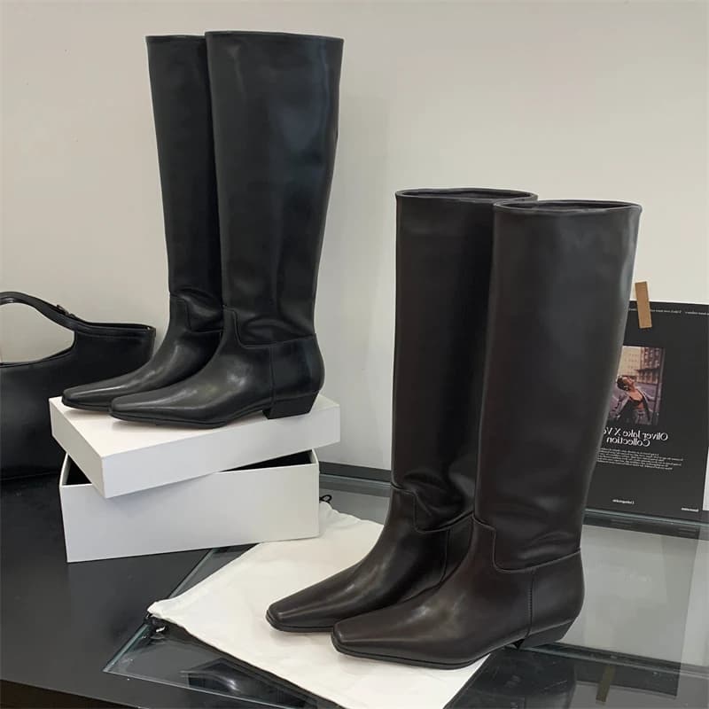 Eilyken outono inverno couro macio feminino joelho botas altas saltos quadrados confortáveis senhoras sapatos botas largas mujer