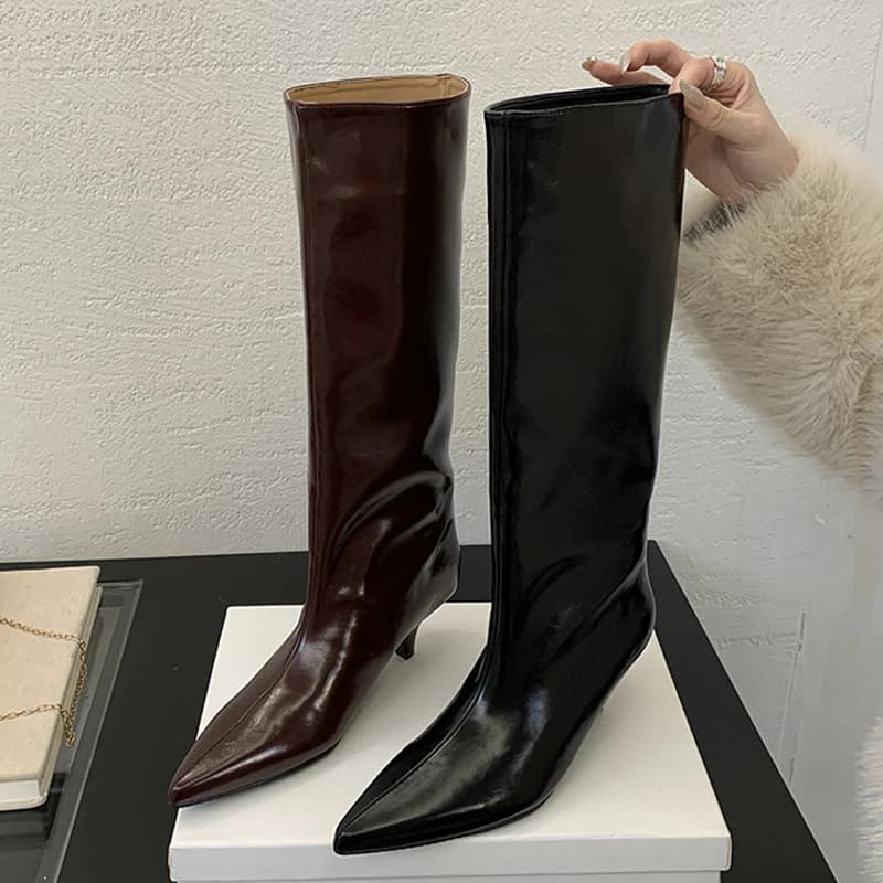 Eilyken inverno nova moda joelho-botas altas mulheres dedo do pé apontado elegante fino salto baixo casual senhoras bombas sapatos longos botas mujer