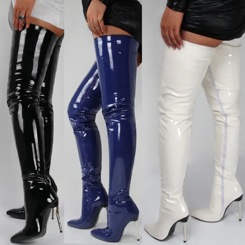Couro de patente sobre o joelho botas senhoras salto alto 2024 novo tamanho grande sexy coxa botas altas stiletto botas femininas botas mujer