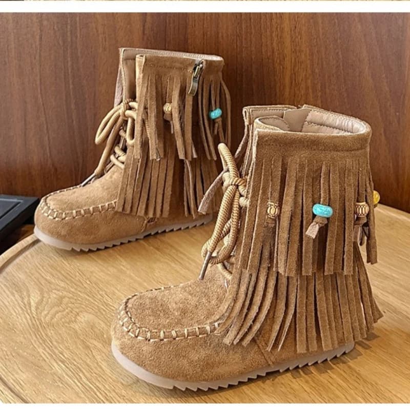Botas moda retro meninas sapatos 2025 outono novas crianças borla tornozelo botas conforto anti deslizamento meninas botas de couro zapatos de mujer