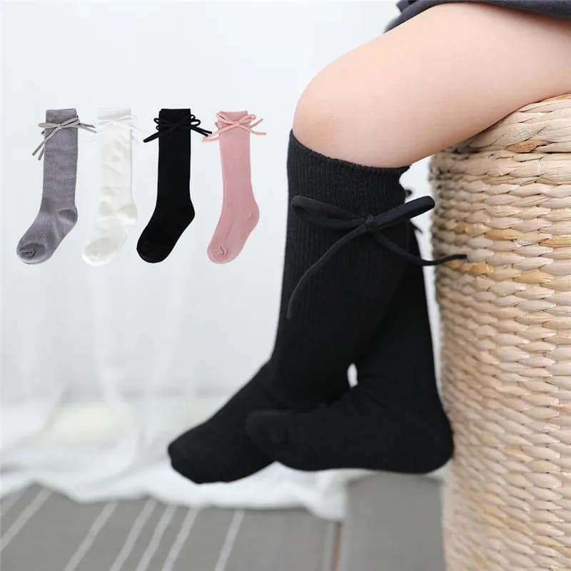 Outono crianças joelho meias altas do bebê meninas meninos bowknot plana longa meia de algodão macio sólido crianças princesa socken para 0-7 anos