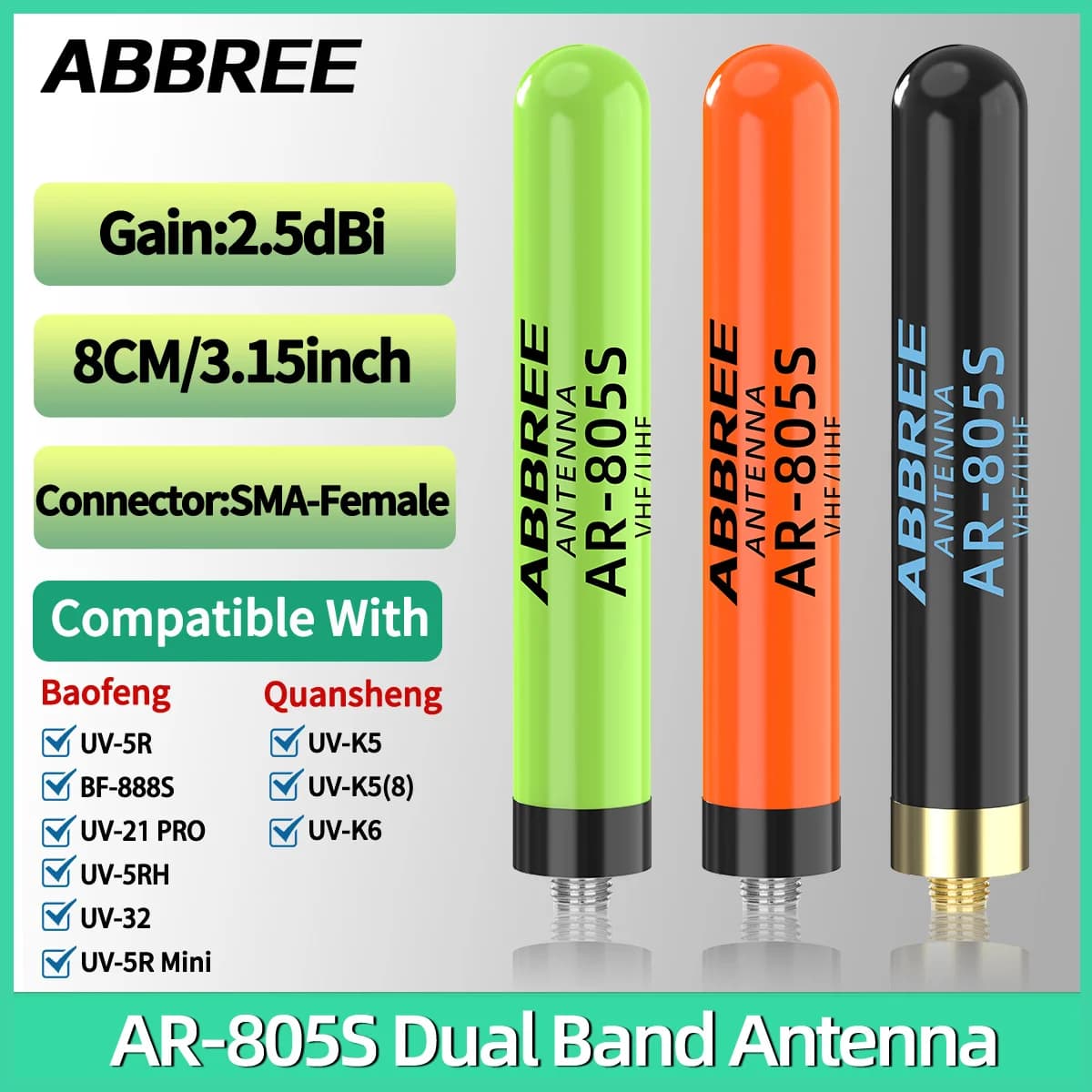 Antena ABBREE AR-805S Plus para Walkie Talkie, Banda Dupla SMA-Fêmea 5/8CM para Rádio Amador Baofeng UV-5R Mini UV-32