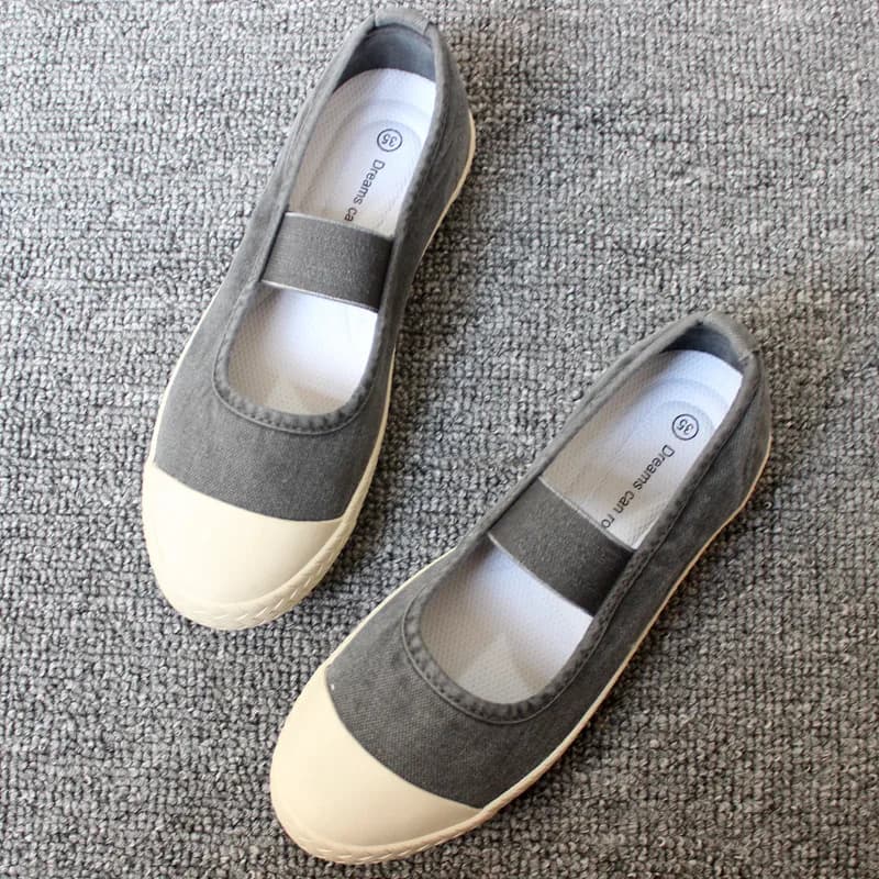 Sapatos de lona femininos cinza e branco com tira de velcro e sola branca
