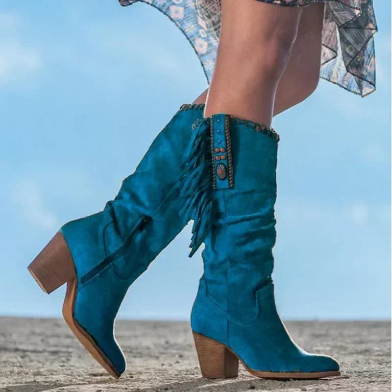 Mulheres botas altas tendência retro fivela de metal apontou dedo do pé salto grosso borla ocidental botas de cowboy sapatos femininos botas de mujer 2024