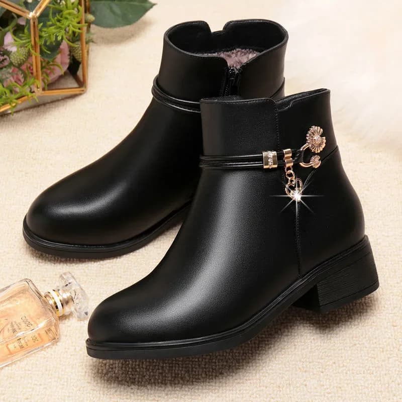 Botas de couro de strass para mulheres, sapatos de salto baixo cabeça redonda, fecho lateral, calçado de algodão quente, outono, inverno