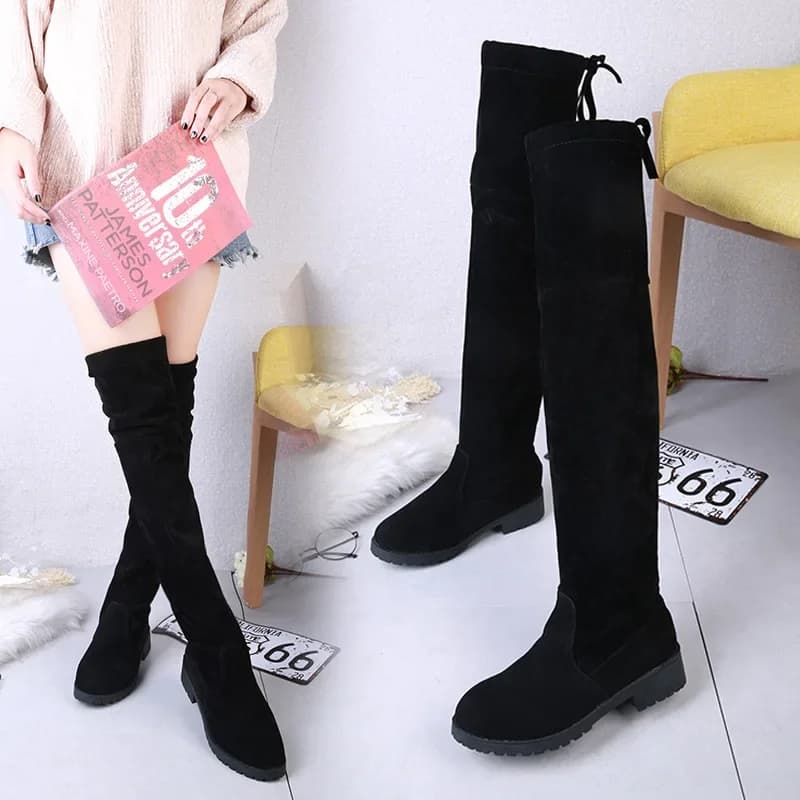 2025 camurça falsa saltos femininos outono inverno elástico joelho-botas altas para mulheres tubo rendas botas coxa preto botas