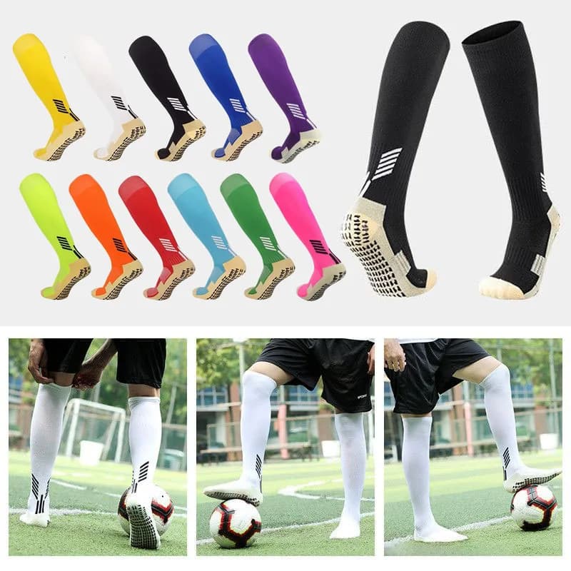 Profissional antiderrapante futebol joelho meias altas adulto crianças bloco de borracha toalha inferior longo futebol hóquei esportes aperto meias unisex
