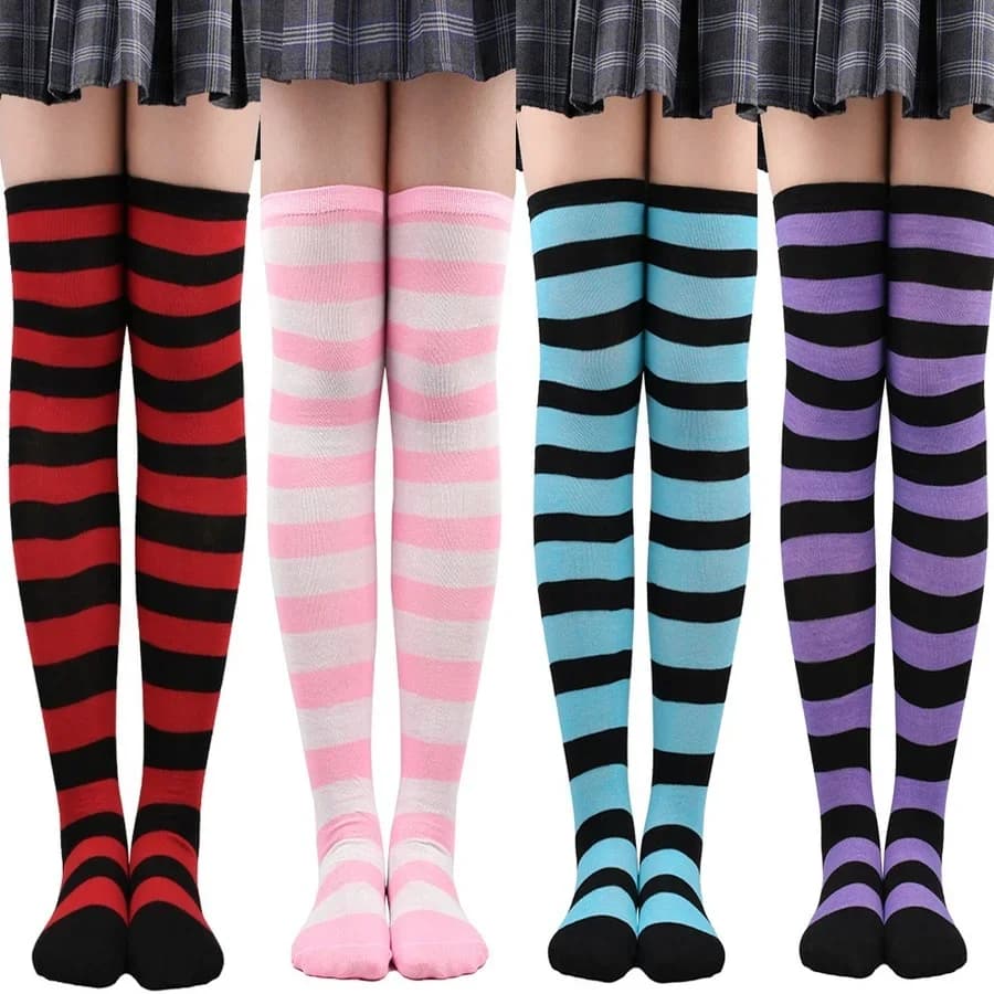 Mulheres listrado coxa meias altas senhoras meninas preto branco rosa longo sobre acima do joelho meias femboy cosplay lolita harajuku y2k