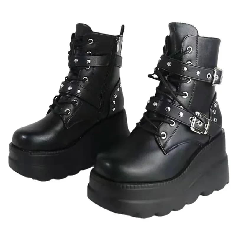 Novas botas de tornozelo de couro do plutônio das mulheres outono inverno dedo do pé redondo rendas até sapatos mulher plataforma da motocicleta botas sapatos góticos