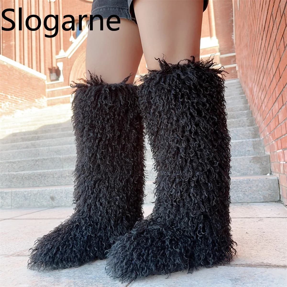 Luxo inverno pele do falso joelho botas altas mulheres lã tubo alto pele botas de neve fofo falso pele mongol sapatos plataforma meninas botas