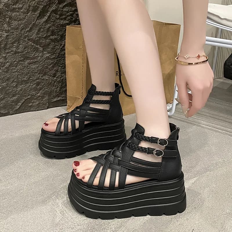 Sandálias de Couro Femininas de Verão com Plataforma Aberta de 8CM, Novos Tênis Casuais para Mulheres, Sandálias de Praia
