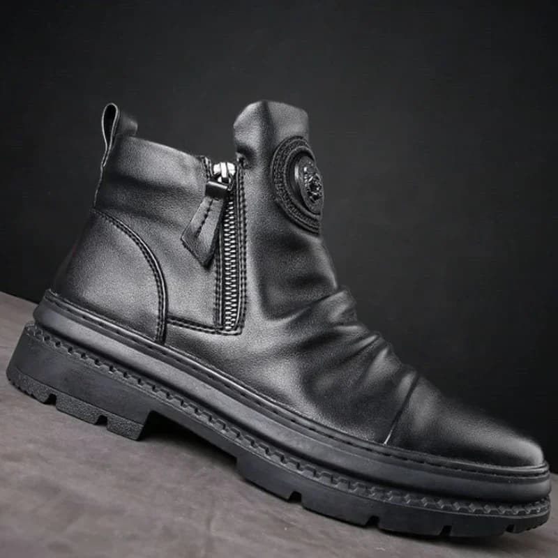 Botas de couro da motocicleta dos homens estilo britânico cabeça redonda sapatos altos zíper lateral andando botas plataforma casual bota masculina
