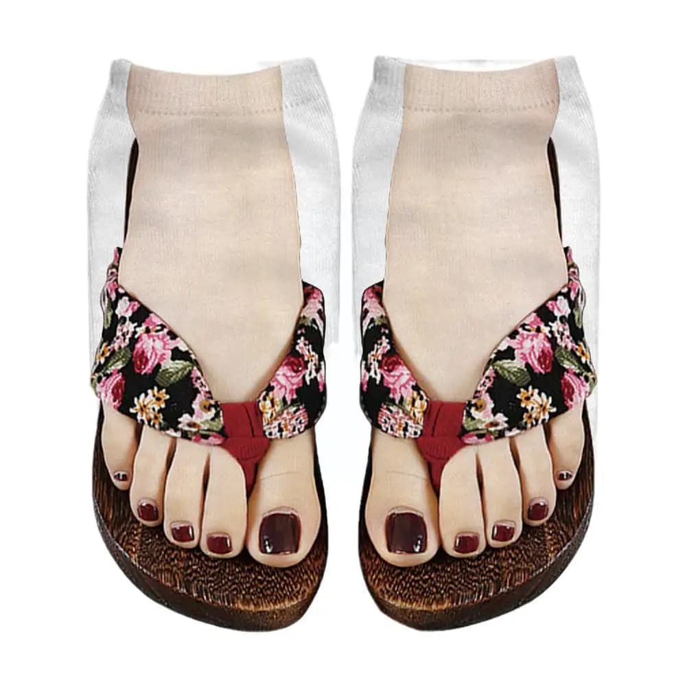 Impressão 3D Padrão Flip Flop Meias para Mulheres, Meias Engraçadas, Meias Tornozelo, Low Cut, Floor Meias, Novidade Presentes, 1 Par