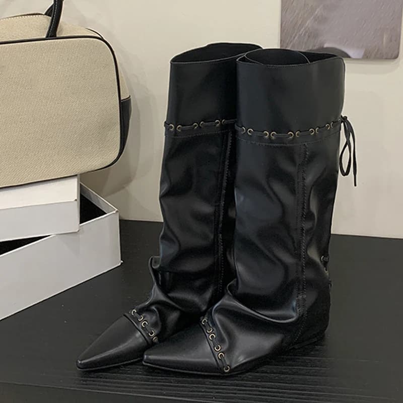 Liyke design de moda cordão rendas até joelho botas altas mulheres vintage apontou toe dentro da altura crescente sapato longo botas mujer