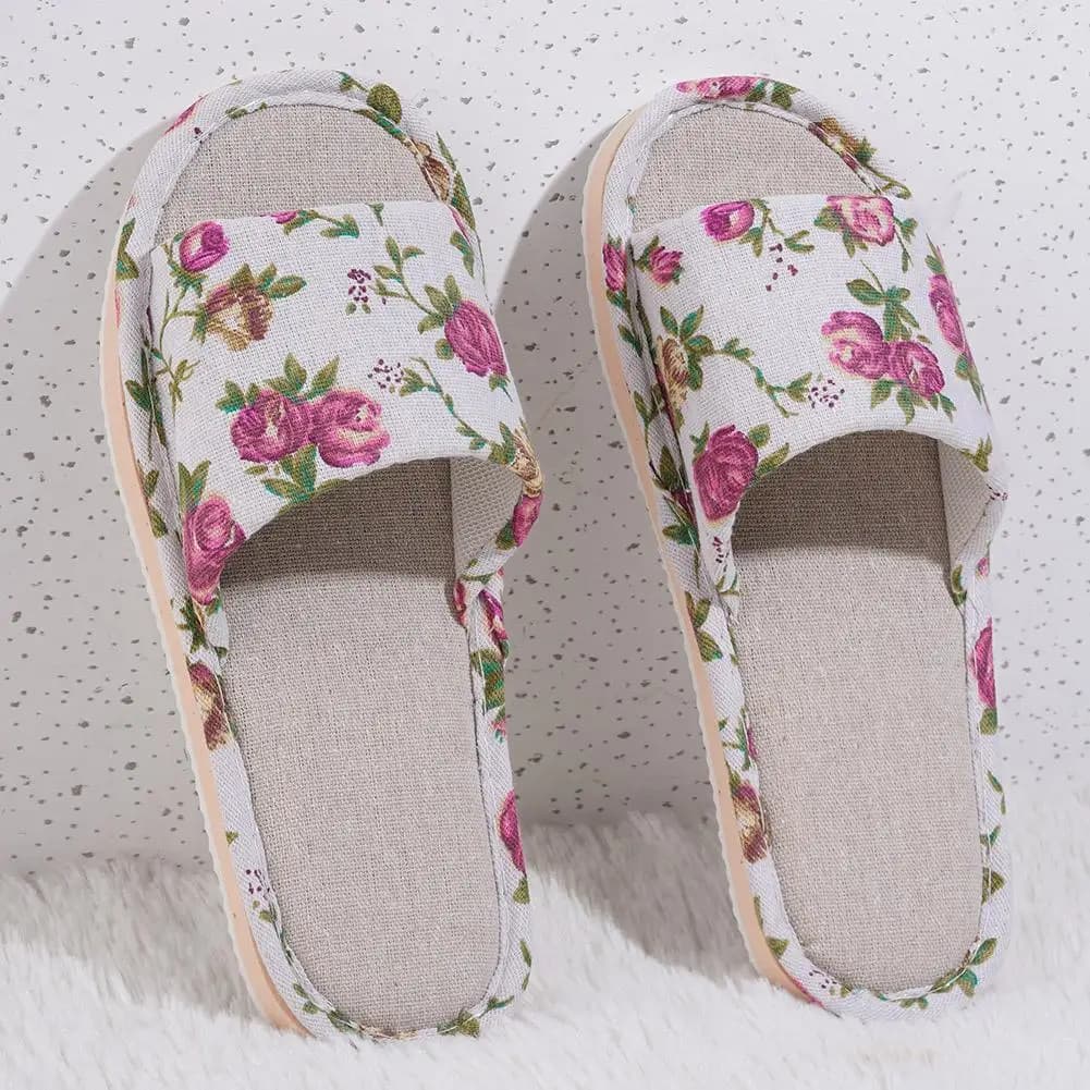 Chinelo Confortável de Linho, Sandália Antiderrapante Feminina Casual Floral para Casa, Primavera Outono