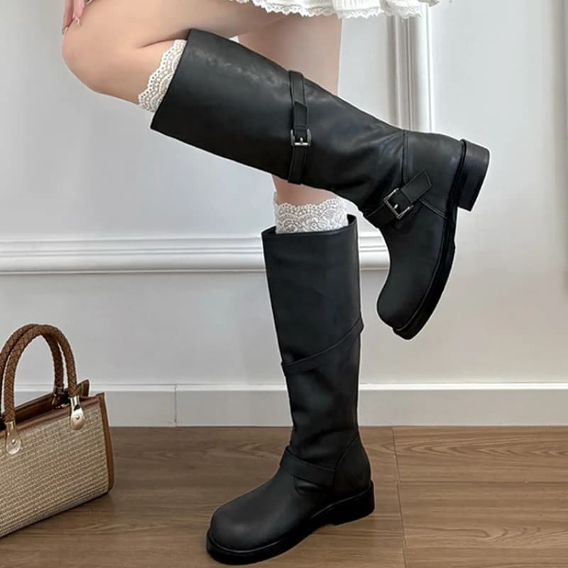 Vintage fivela de cinto feminino joelho botas altas elegante salto baixo deslizamento em sapatos outono inverno senhoras cavaleiro botas longas