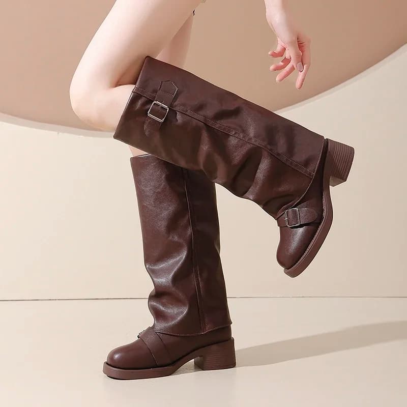 Vintage salto grosso feminino joelho botas altas moda senhoras fivela de cinto cavaleiro botas longas botas de inverno feminina