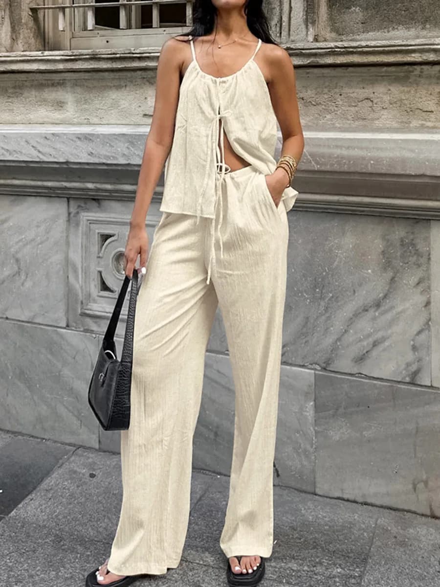 Conjunto Feminino de Duas Peças 2026: Top Halter com Alça Fina e Calça Pantalona de Cintura Alta em Linho – Perfeito para Praia