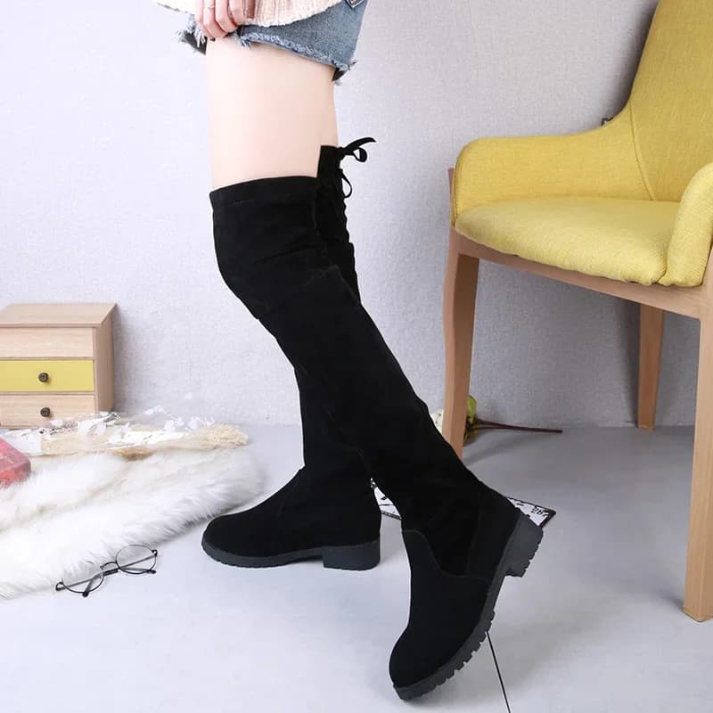 2025 camurça falsa saltos femininos outono inverno elástico joelho-botas altas para mulheres tubo rendas botas coxa preto botas
