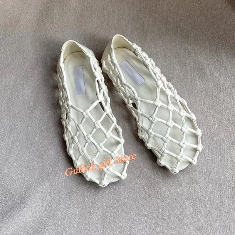 Sandálias Francesas de Malha Trançada Vazada com Sola Plana e Bico Redondo, Sapatos de Verão Modernos Feitos à Mão, Slip-On Sólidos e Personalizados
