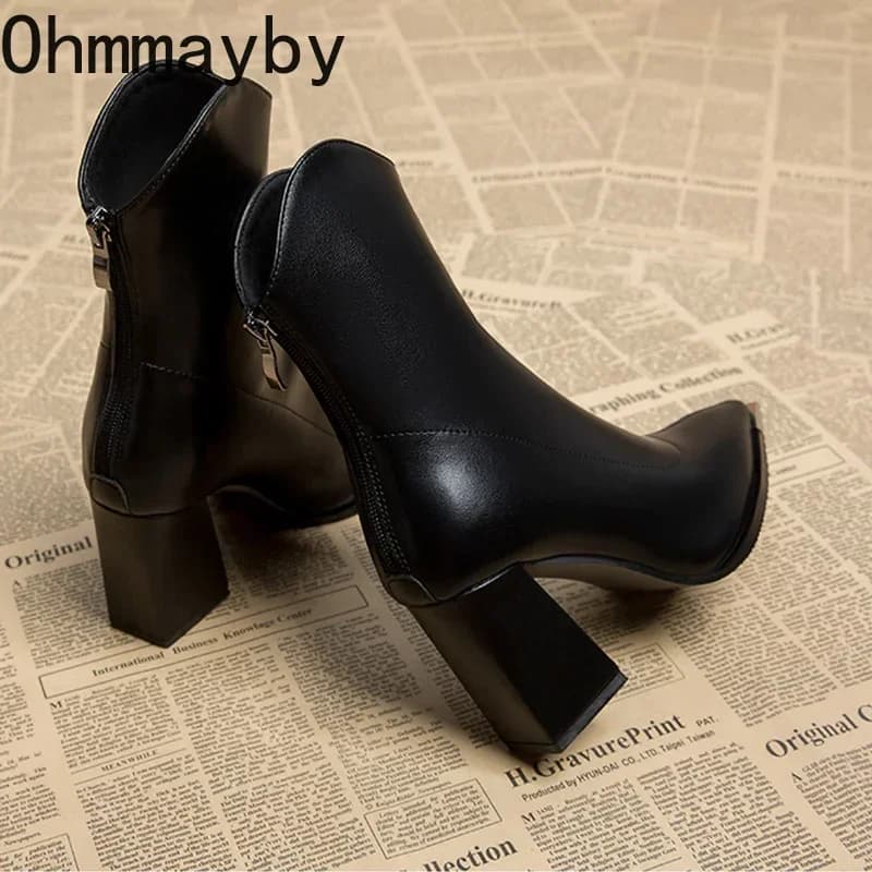 Botas de tornozelo femininas de dedo apontado moda zíperes traseiros botas curtas senhoras elegante quadrado salto alto calçados femininos de inverno