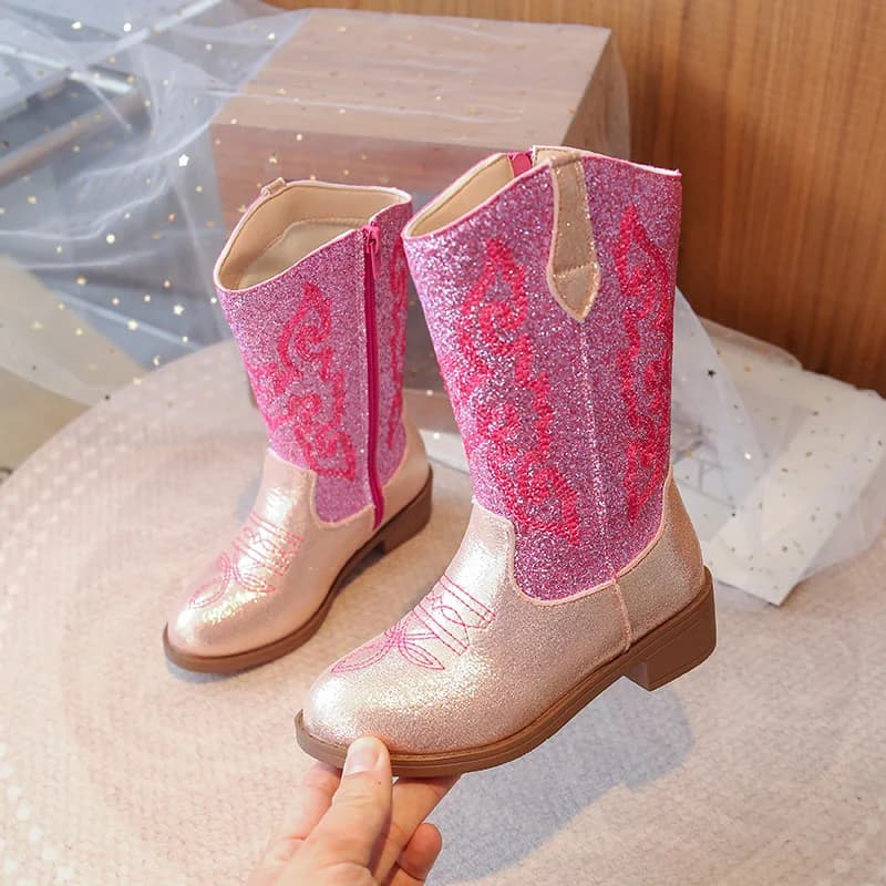 Meninas botas da criança engrenagem de neve meados de bezerro glitter ocidental cowboy bota 2025 outono grande criança equitação meninas botas tamanho 27-36 crianças sapatos