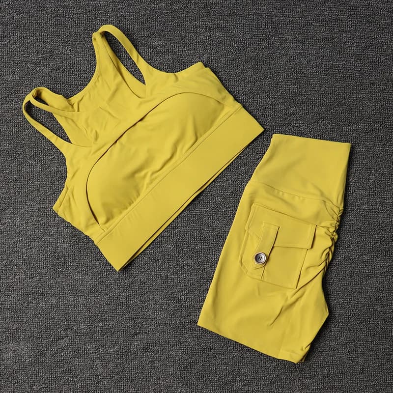 Calções de fitness conjuntos de yoga agasalho feminino cintura alta sutiã esportivo leggings de treino ciclismo ginásio shorts terno esportivo com bolso